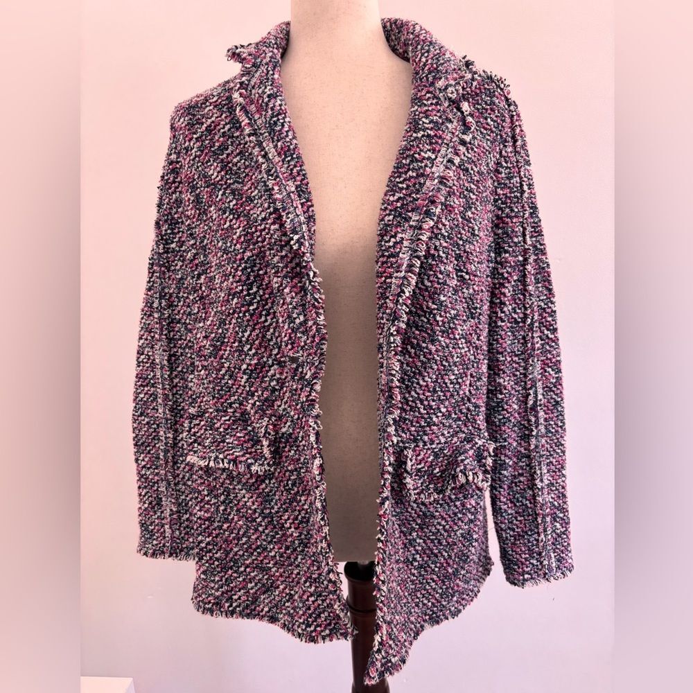 Chicos Tweedy style Jacket Sweater Blazer Pink Blue White Spring Style